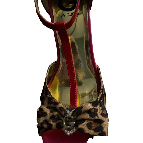 Guess Open-Toed Strappy Pink Red and Leopard Print GG Harty High Heels Women 7 M - Picture 5 of 8